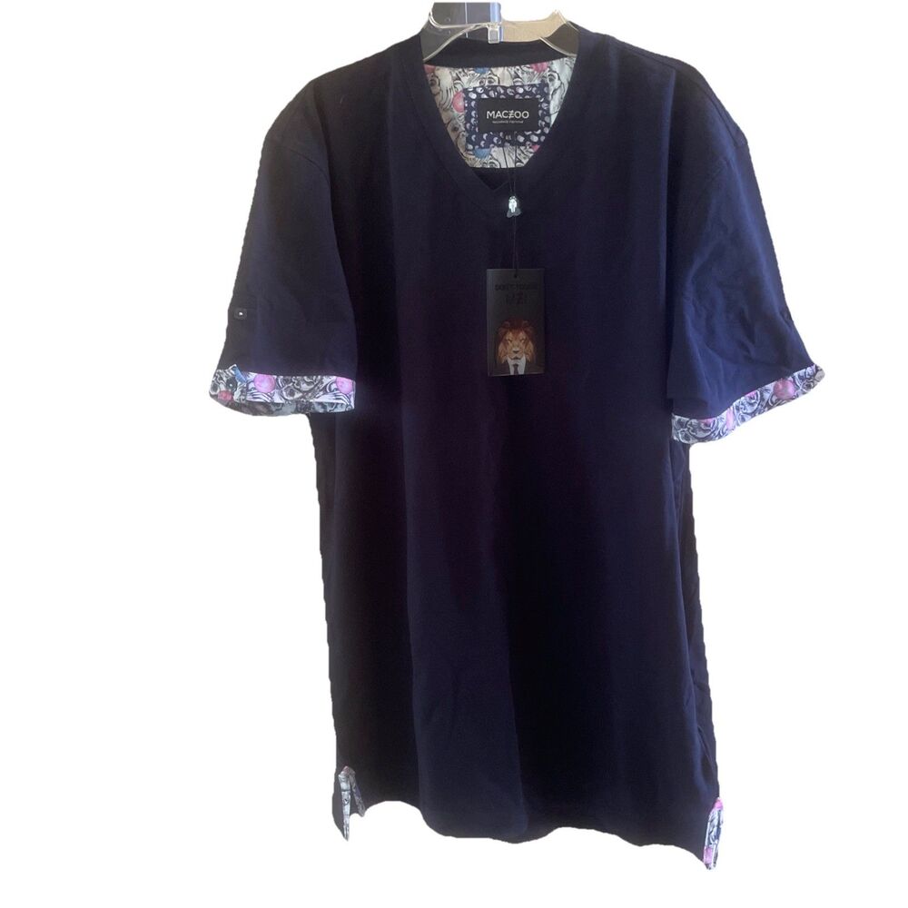New Maczoo Navy Blue V Neck Tee Shirt With Graphic Trim and Button Sleeves 4/L